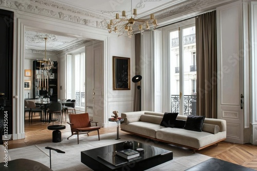 Parisian Apartment Showcasing Elegant Modern Design With A Neutral Palette, Hardwood Floors, And Large Windows Offering Natural Light