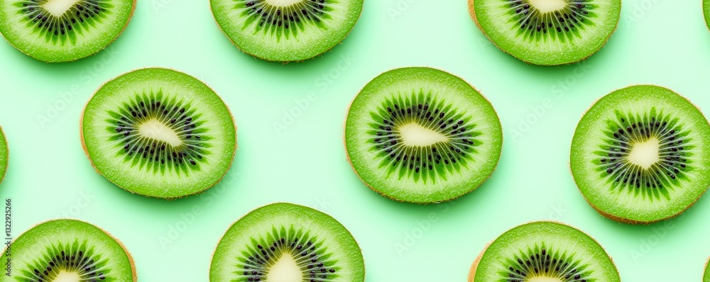 Fresh kiwi slices arranged in seamless pattern on vibrant green background, showcasing their juicy texture and vivid color Fresh kiwi slices arranged in seamless pattern on vibrant green background, showcasing their juicy texture and vivid color