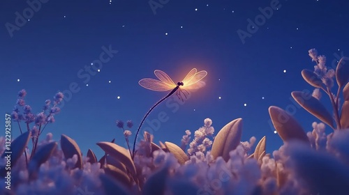 Glowing Dragonfly Night Field Fantasy Art
