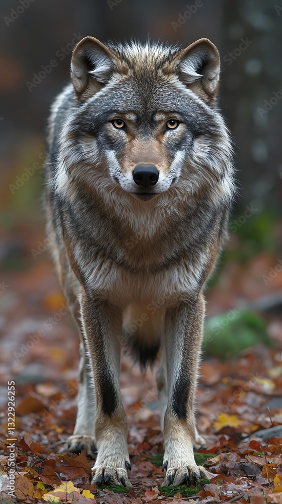 A single wolf standing calmly and looking straight at the viewer A single wolf standing calmly and looking straight at the viewer