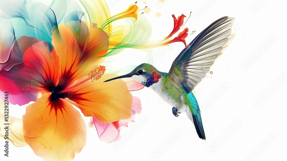 Obraz premium A hummingbird hovering near a brightly colored flower.