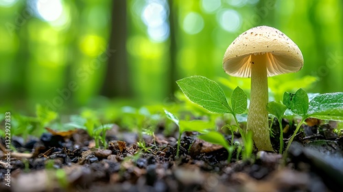 Fototapeta Naklejka Na Ścianę i Meble -  Mushroom Growing in Forest Floor with Green Foliage Background