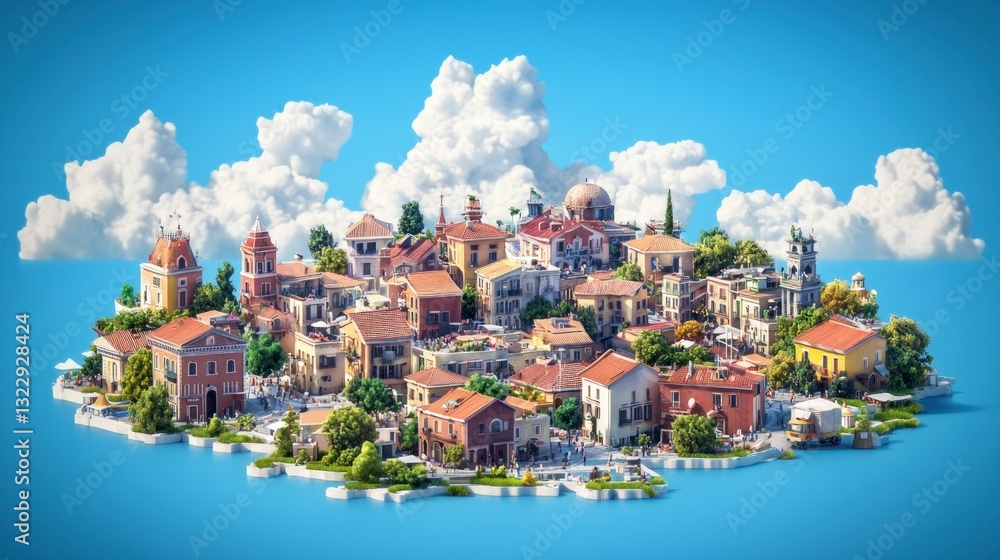 Fototapeta premium Idyllic Island Town 3D Rendered Cityscape Mediterranean Architecture High Resolution I