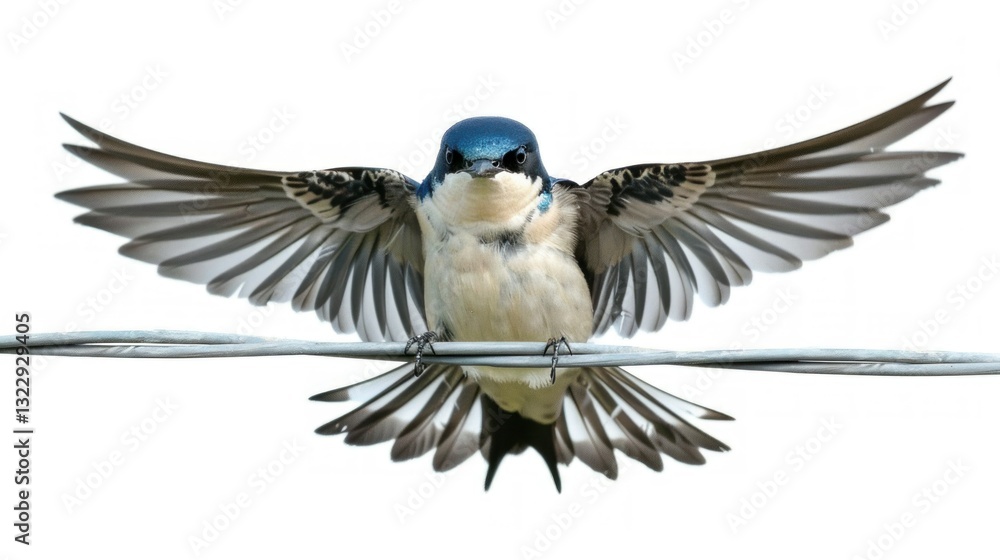 Obraz premium A close-up of a swallow bird perched on a wire with wings spread.