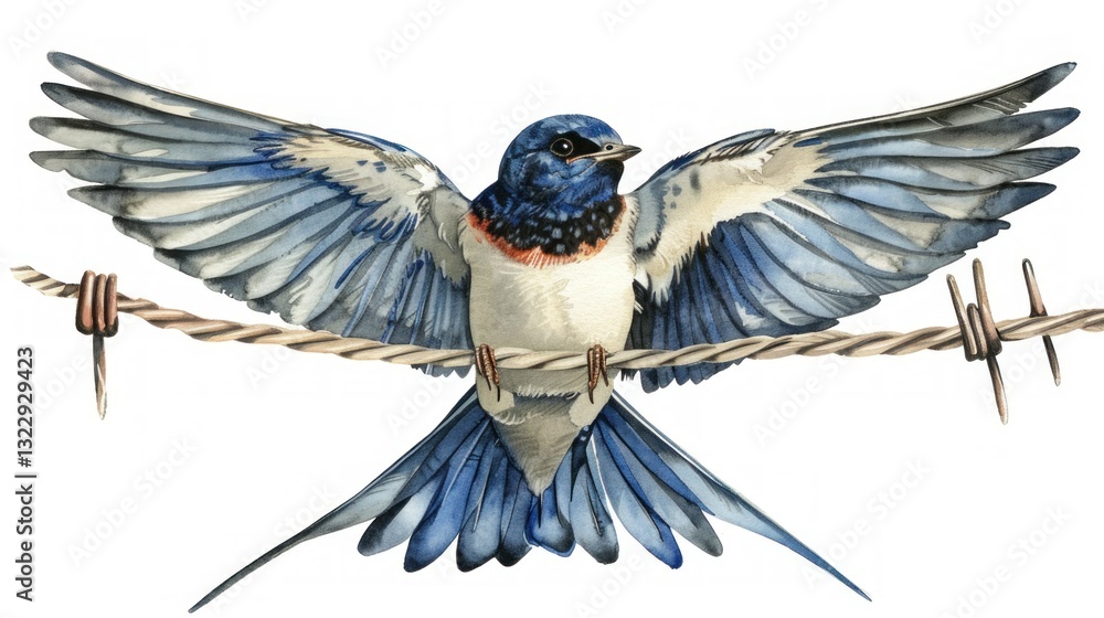 Obraz premium A close-up of a swallow bird perched on a wire with wings spread.