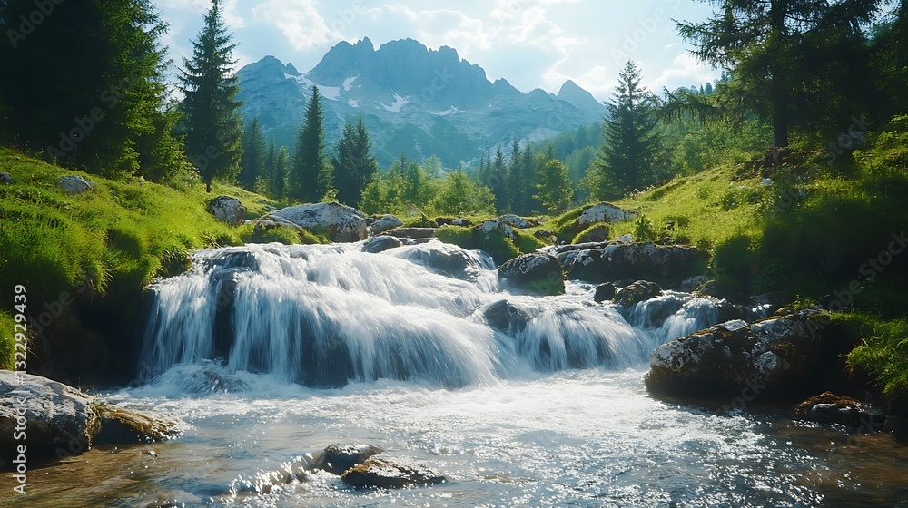 Fototapeta premium A beautiful clear waterfall cascades down into a pristine mountain scene