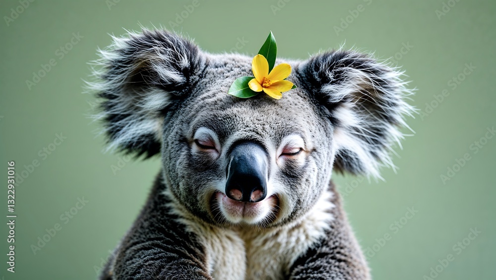 Fototapeta premium Close-Up Studio Shot of a Cute Koala with Furry Ears, Gray Fur, and a Black Nose Against a Plain Green Background with Realistic Detailing