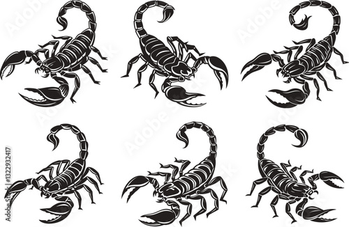 Black Scorpion Silhouette Set Deadly Arachnid Illustrations in Various Poses and Environments.