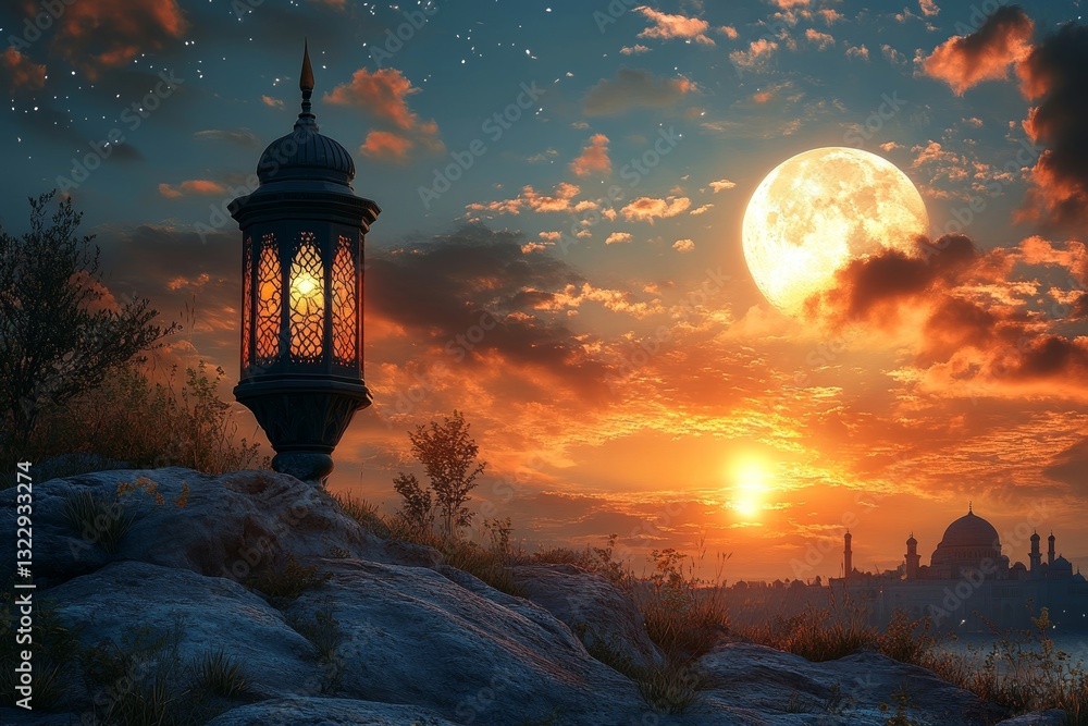 Mystical Sunset with Lantern and Mosque Mystical Sunset with Lantern and Mosque