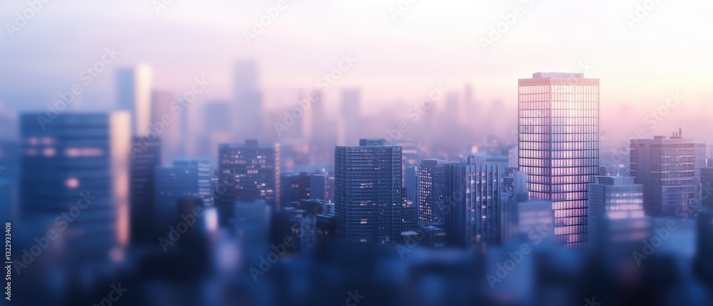 Fototapeta premium A blurred city skyline at dawn, showcasing tall buildings under a soft pastel sky, creating a tranquil urban atmosphere.
