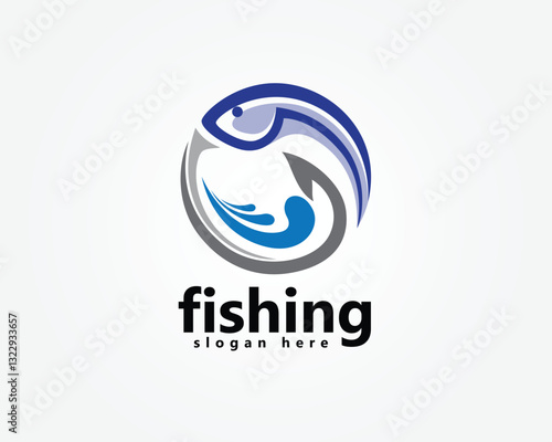 fishing logo fish with fishing hook underneath logo design inspiration