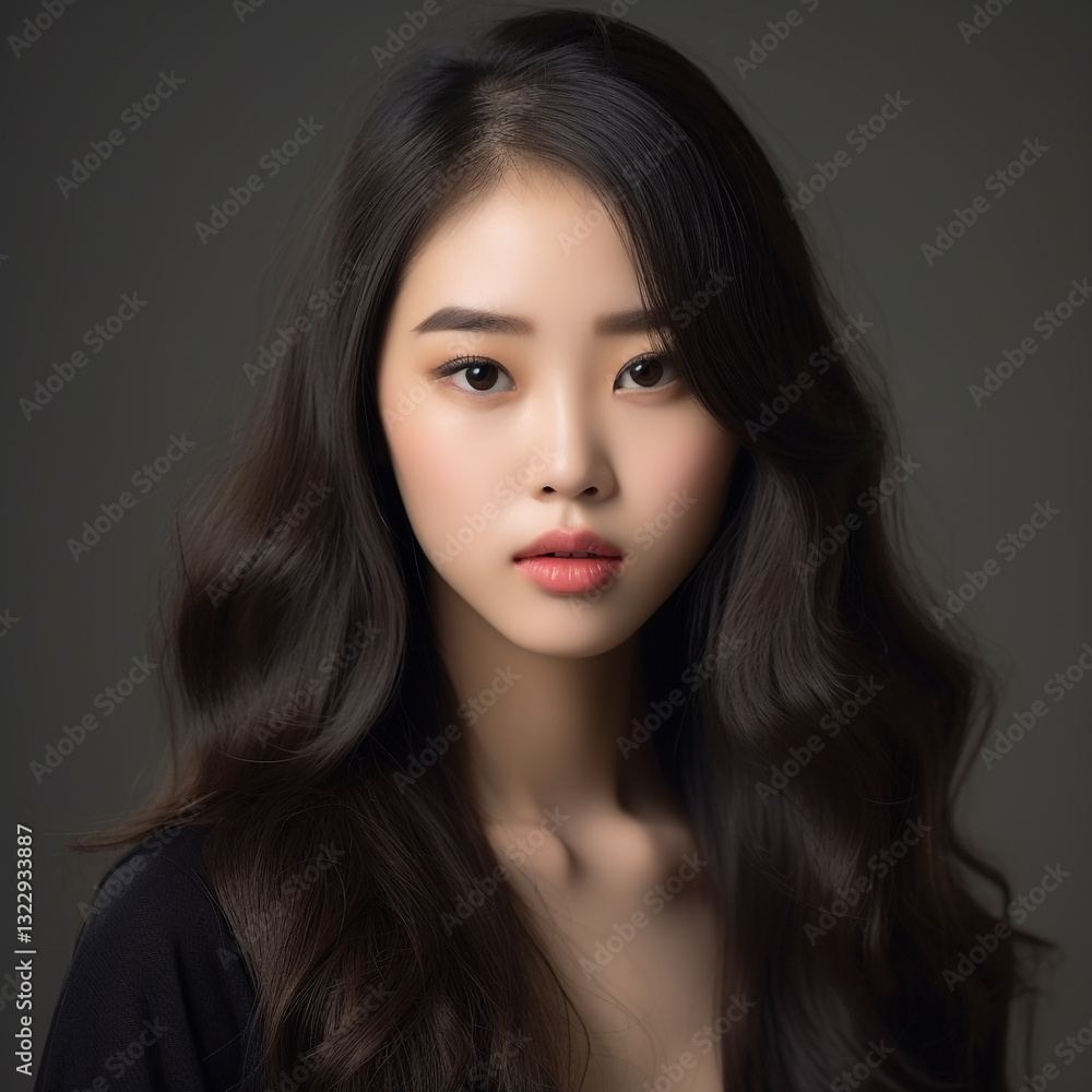 Naklejka premium Close-up face of attractive asian girl with black long straight hair and natural makeup, studio shot. Portrait of beautiful asian woman with professional makeup and hairstyle. Skin care. AI generated