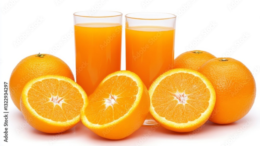 Two glasses of freshly squeezed orange juice with whole and halved oranges Two glasses of freshly squeezed orange juice with whole and halved oranges