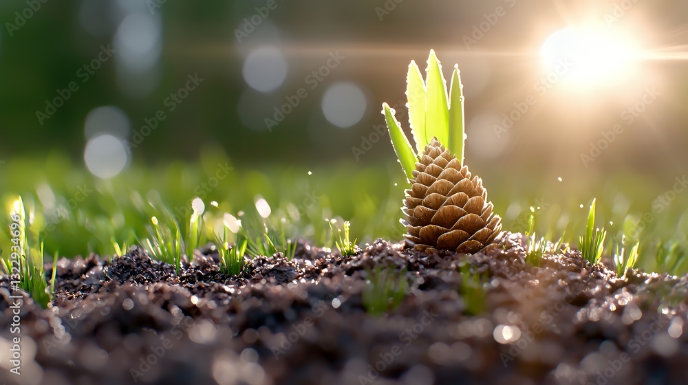 Fototapeta premium Pine Cone on Soil with Sprout and Bright Sun in Background