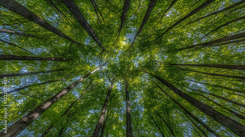Looking up into a vibrant, lush forest canopy; sunlight filters through leaves, tall trees surround viewer. Looking up into a vibrant, lush forest canopy; sunlight filters through leaves, tall trees surround viewer.