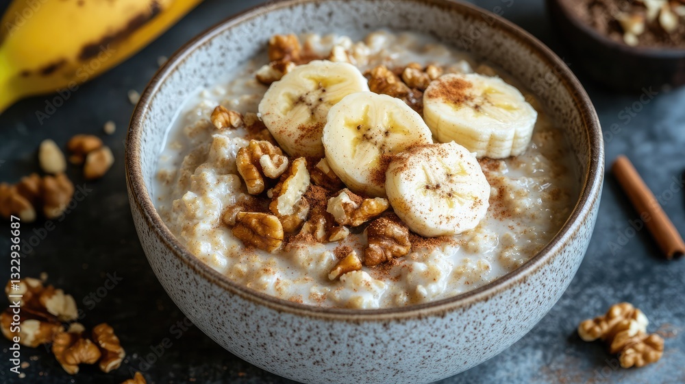 A bowl of creamy oatmeal topped with banana slices, cinnamon, and chopped walnuts. A bowl of creamy oatmeal topped with banana slices, cinnamon, and chopped walnuts.