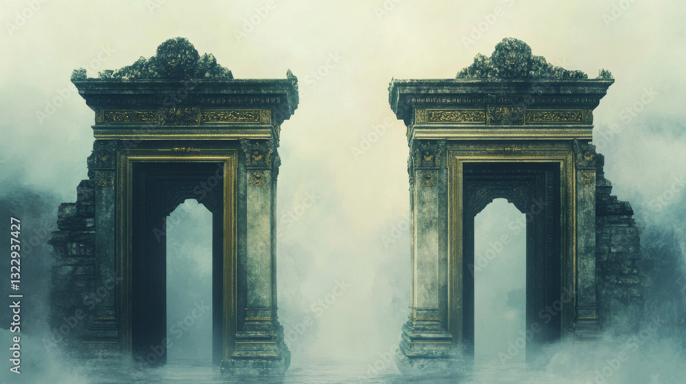 Obraz premium A pair of monumental gateways, one carved from dark basalt with gold accents, the other from ivory-toned stone with silver details