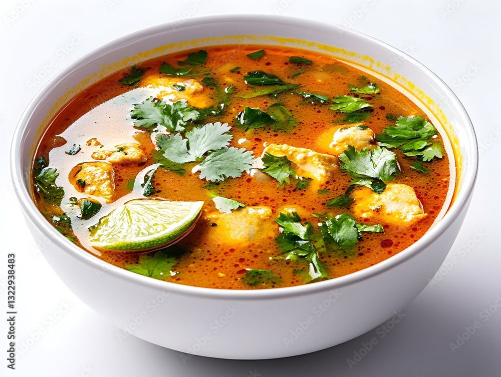 A bowl of authentic curry with a spoon isolated on a white background emphasizing the vibrant colors and delicious aroma A bowl of authentic curry with a spoon isolated on a white background emphasizing the vibrant colors and delicious aroma