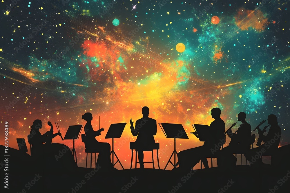 Silhouettes of Orchestra Performing Amid Cosmic Explosion of Color and Light Silhouettes of Orchestra Performing Amid Cosmic Explosion of Color and Light