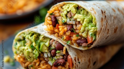 A close-up of a loaded burrito cut in half, showing seasoned rice, beans, and guacamole. photo