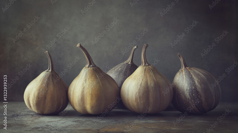 Fototapeta premium A collection of acorn squashes artistically arranged on a flat surface, softly illuminated to enhance their unique textures and earthy tones. The smooth, monochromatic background highlights their na