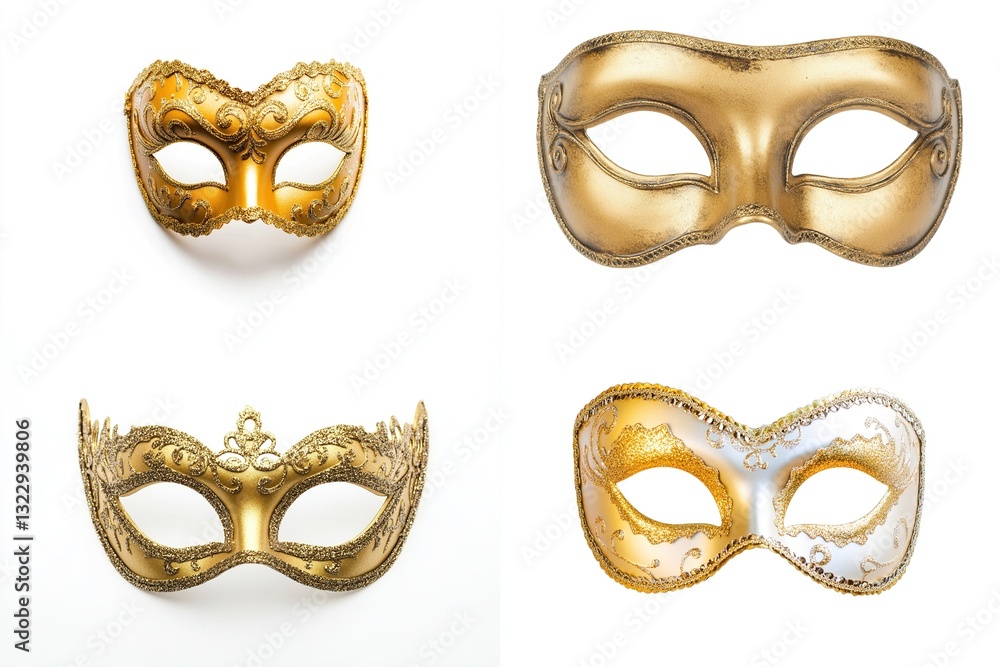 Four elegant gold and silver Venetian masquerade masks isolated on white. Four elegant gold and silver Venetian masquerade masks isolated on white.