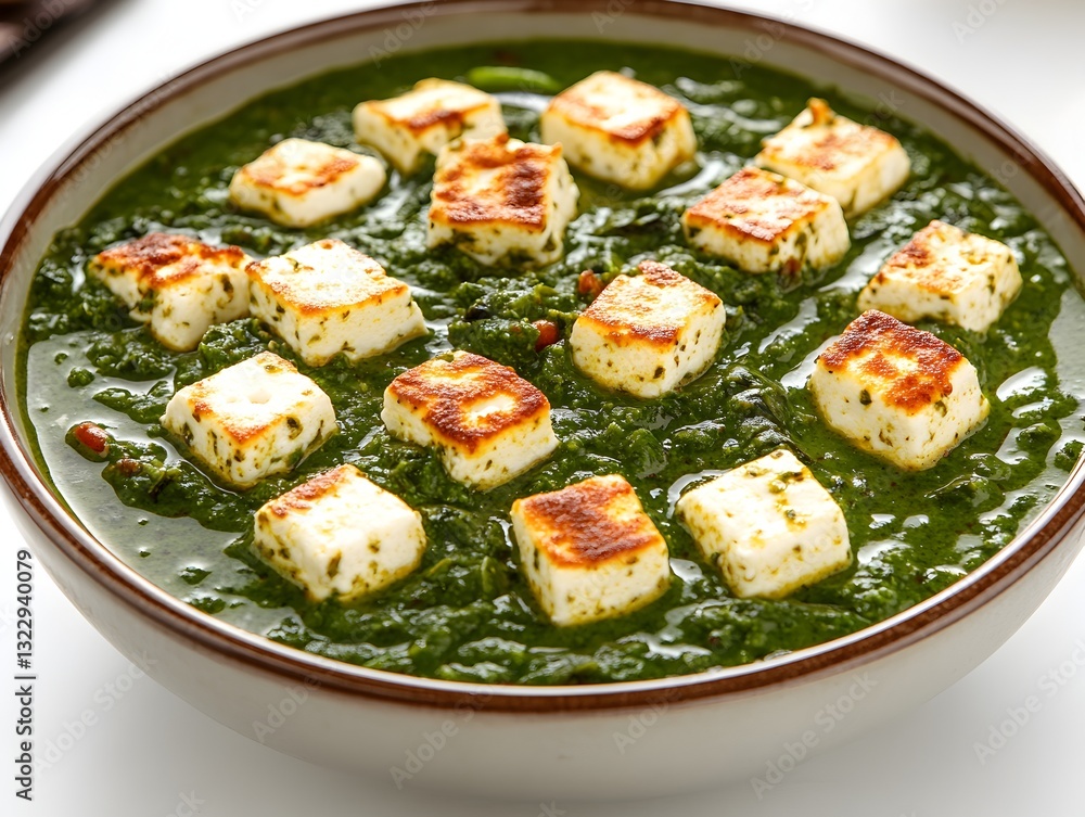 Flavorful bowl of palak paneer dish isolated on a white background showcasing vibrant green spinach with cheese Flavorful bowl of palak paneer dish isolated on a white background showcasing vibrant green spinach with cheese