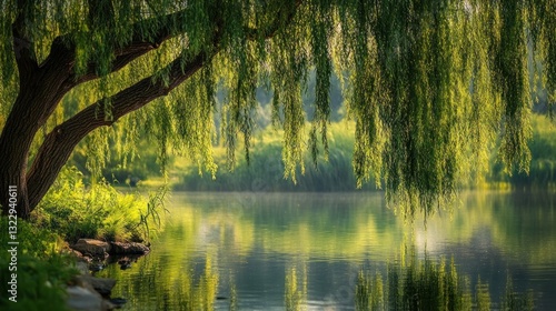 Serene willow tree overhanging calm water reflecting greenery landscape scenic