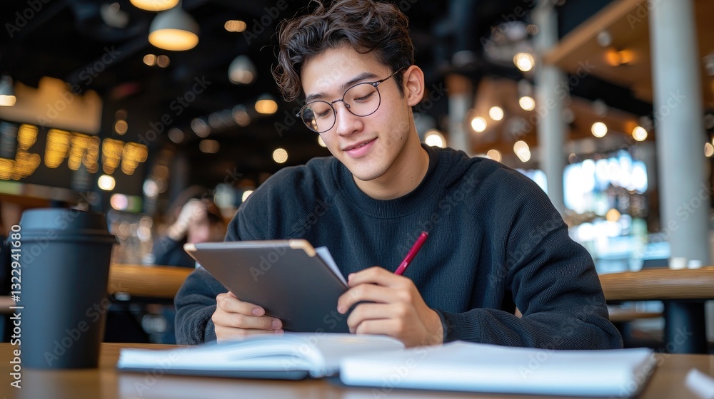Young Man Engaged in Digital Learning Inside Modern Coffee Shop Young Man Engaged in Digital Learning Inside Modern Coffee Shop