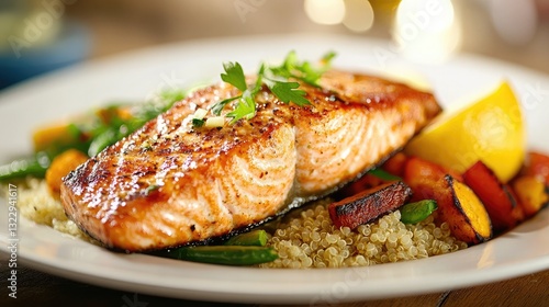 A grilled salmon fillet with lemon butter sauce, served with quinoa and roasted vegetables.