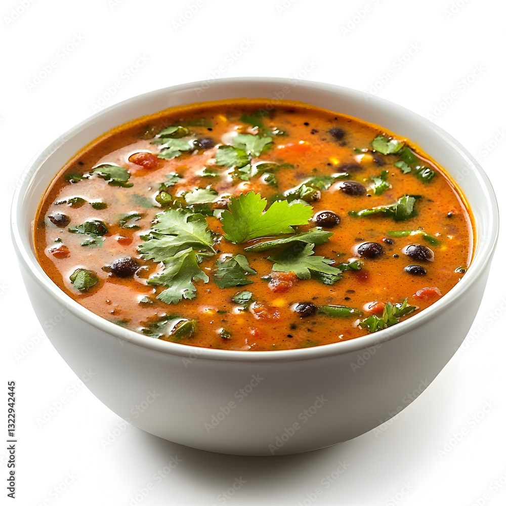 Tasty bowl of sambar soup with a spoon placed on a clean white background for food photography purposes Tasty bowl of sambar soup with a spoon placed on a clean white background for food photography purposes