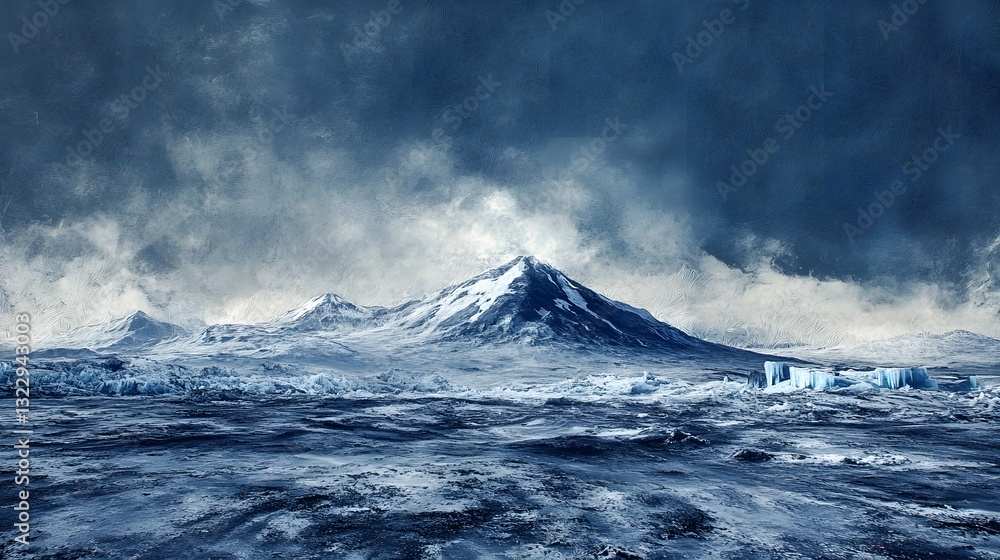 Fototapeta premium Majestic Volcanic Peak in Icy Tundra Landscape Under Dramatic Storm Clouds
