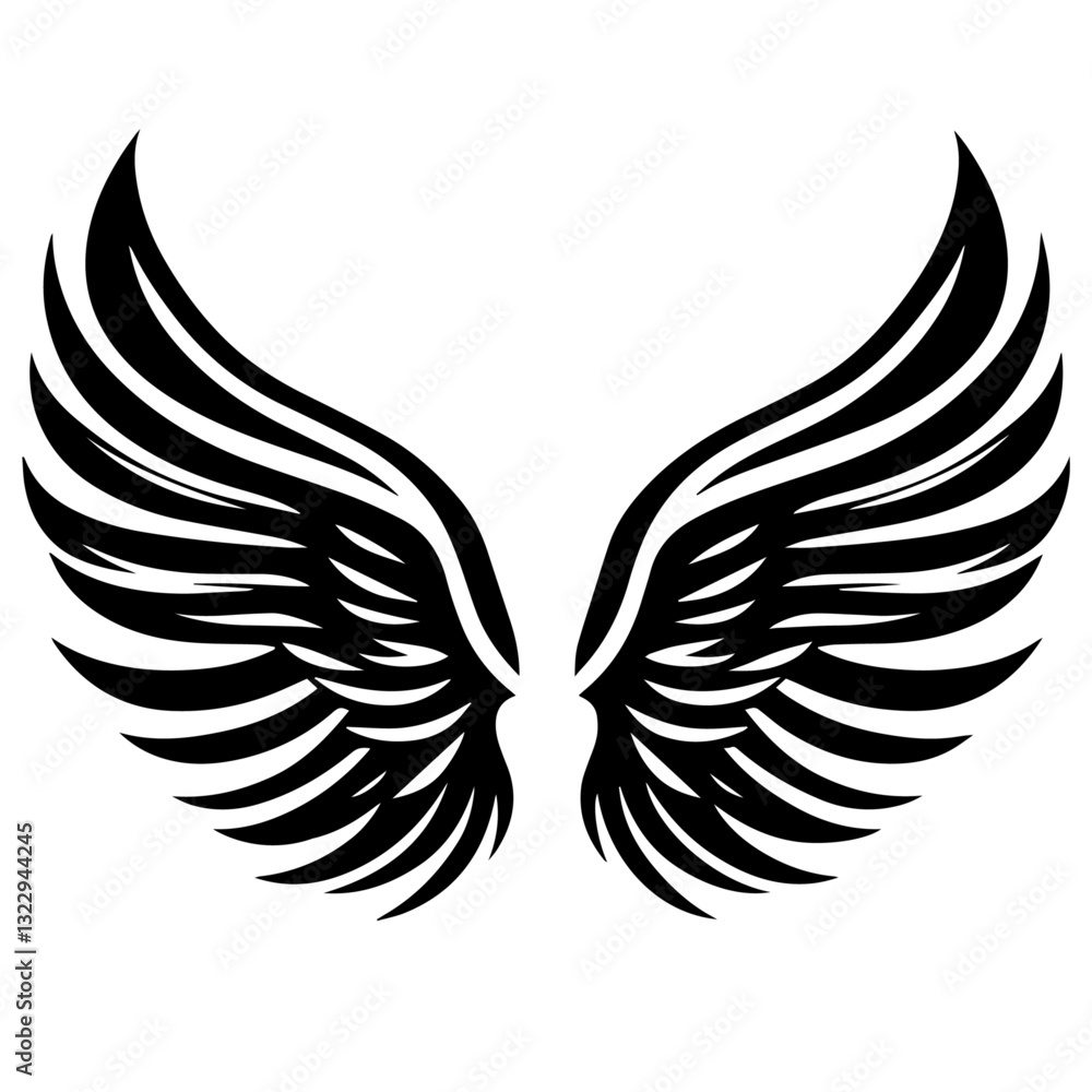 Obraz premium Black and white vector silhouette of angel wings on white background