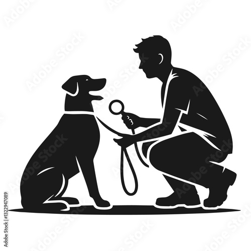 Black and white vector silhouette of a man with dog on white background
