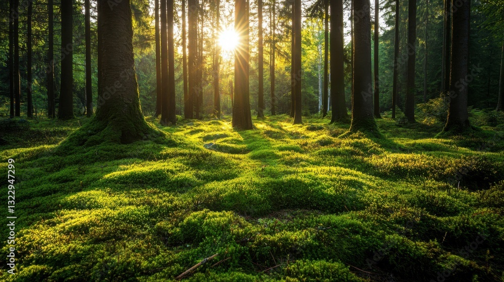 Fototapeta premium Serene Sunlight Filtering Through Trees in Lush Green Forest