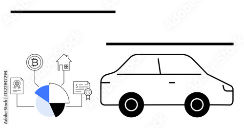 Minimalist illustration of car and financial pie chart linking documents, bitcoin, certificate, and house. Ideal for investment, finance, planning, mobility, innovation cryptocurrency stability