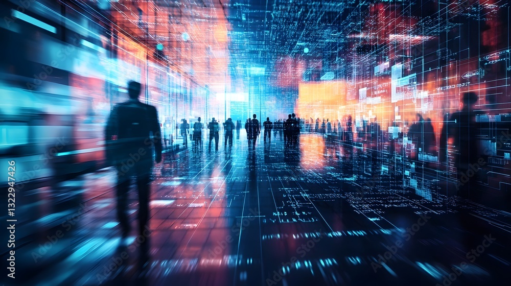 Futuristic High-Tech Conference with Augmented Reality Marketing Strategies and Encrypted Finance Displays Futuristic High-Tech Conference with Augmented Reality Marketing Strategies and Encrypted Finance Displays