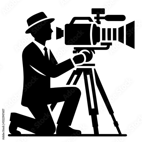 Black and white vector silhouette of a cameraman on white background
