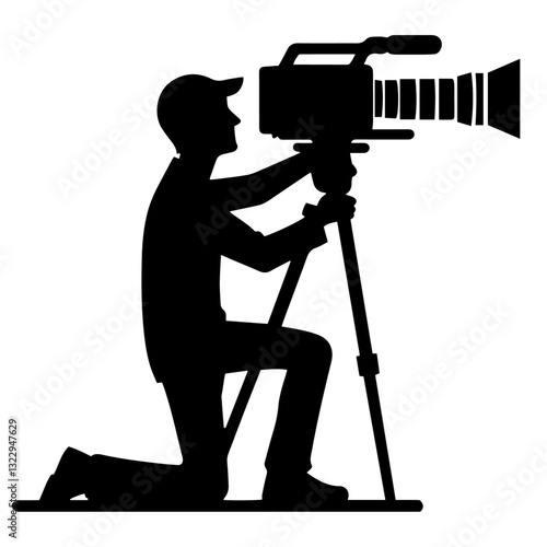Black and white vector silhouette of a cameraman on white background
