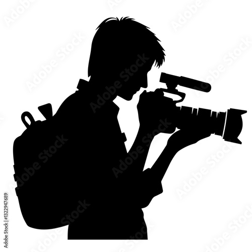 Black and white vector silhouette of a cameraman on white background
