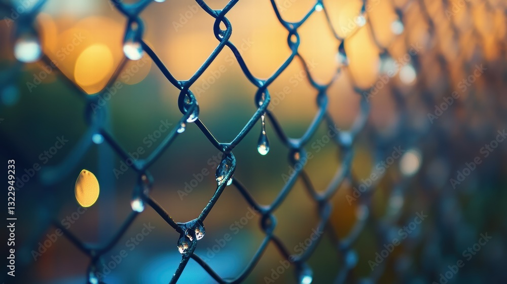 Fototapeta premium Raindrops on a chain-link fence at dusk urban setting macro photography tranquil mood