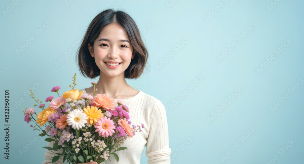 young woman with bouquet of flowers for mother's day young woman with bouquet of flowers for mother's day