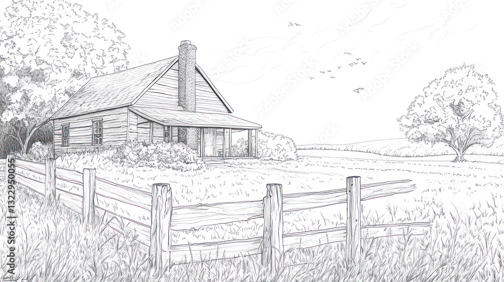 Fototapeta premium Rustic cabin, peaceful countryside, summer day, rural landscape, home design