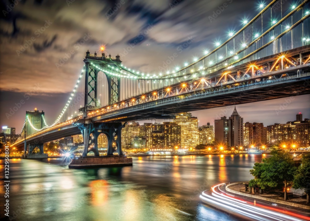 Obraz premium NYC Bridge Night Photography: Long Exposure Cityscape Architecture