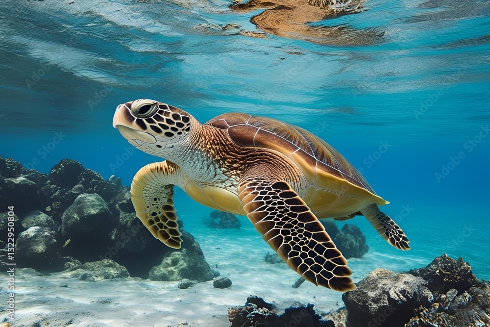 Fototapeta premium Green Sea Turtle swimming in clear blue water, underwater image taken
