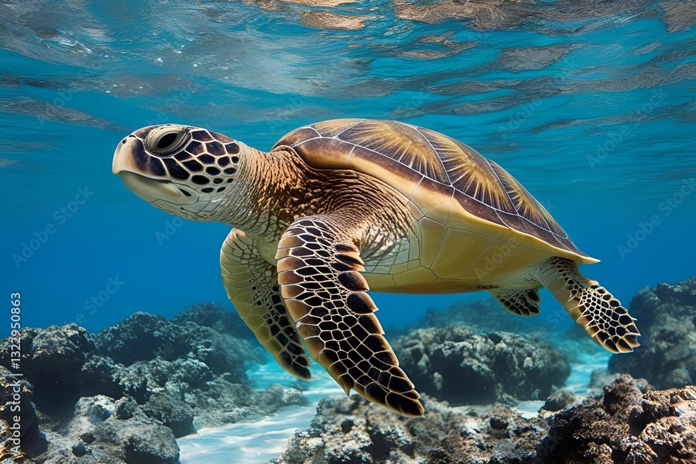 Fototapeta premium Green Sea Turtle swimming in clear blue water, underwater image taken