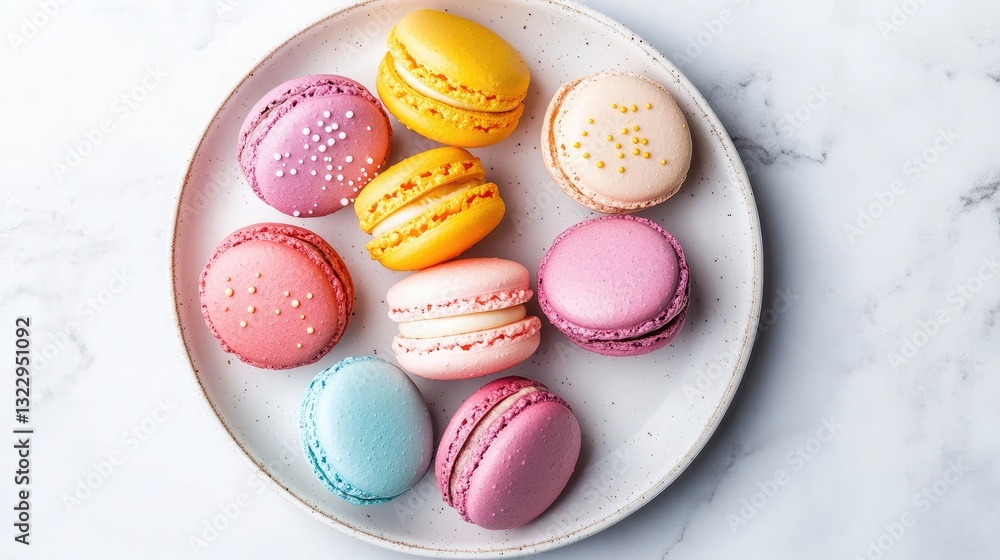 Fototapeta premium A plate of colorful macarons in pastel shades, arranged neatly on a white marble surface.