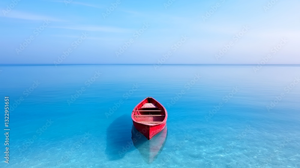 Red Boat Floating in Clear Blue Water Creates a Serene Scene Red Boat Floating in Clear Blue Water Creates a Serene Scene