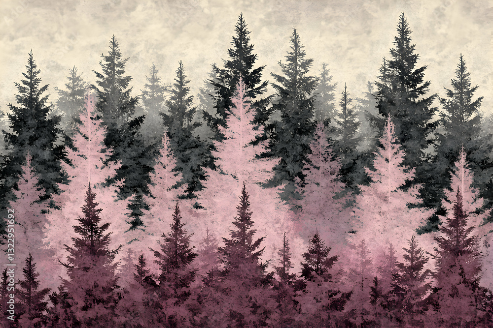 Fototapeta premium Dreamy pink and grey forest scene, textured background, artistic rendering of pine trees.