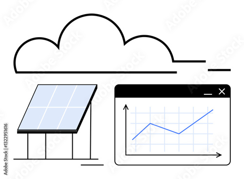 Solar panel generating energy under cloud, and graph tracking performance on screen. Ideal for energy tech, sustainability, analytics, green power, renewable resource, eco-efficiency, flat simple